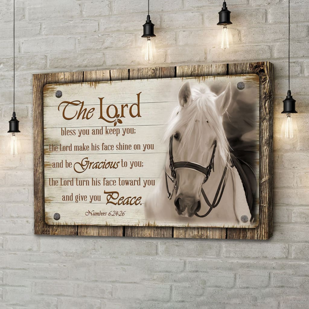 Christian farmhouse wall art featuring "The Lord Bless You And Keep You" with a horse, perfect faith-based rustic home decor.