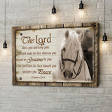 Christian farmhouse wall art featuring "The Lord Bless You And Keep You" with a horse, perfect faith-based rustic home decor.