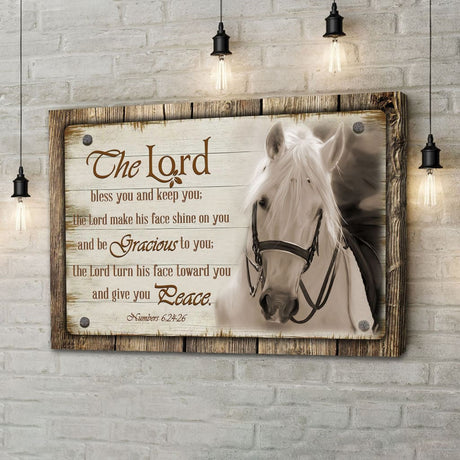 Christian farmhouse wall art featuring "The Lord Bless You And Keep You" with a horse, perfect faith-based rustic home decor.
