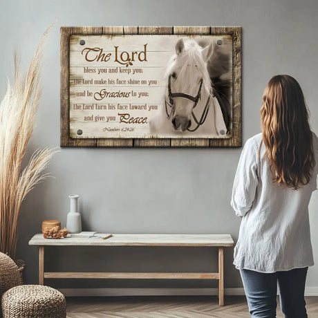 Faith-based farmhouse wall art: "The Lord bless you and keep you" canvas with horses. Perfect Christian home decor.
