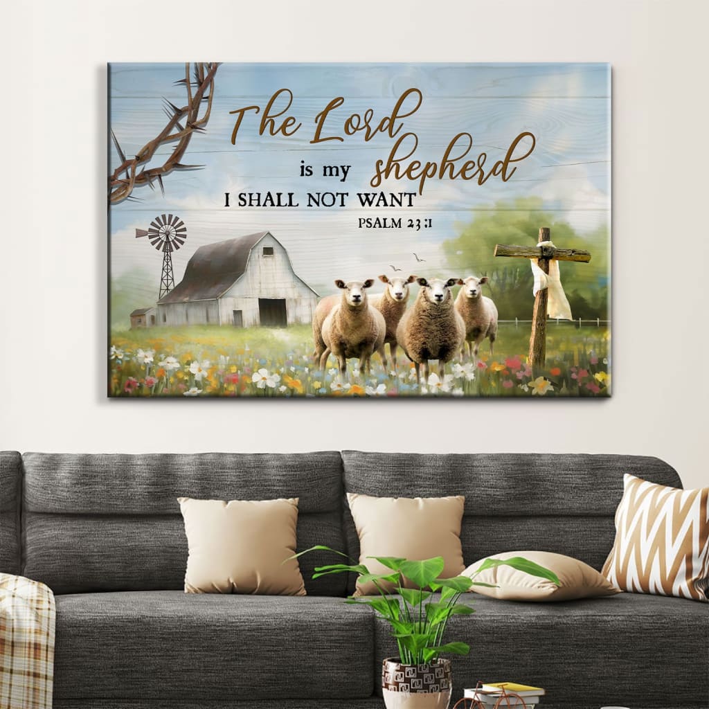 The Lord is My Shepherd Psalm 231 Wall Art Canvas, White Barn and Sheep, Christian Wall Art