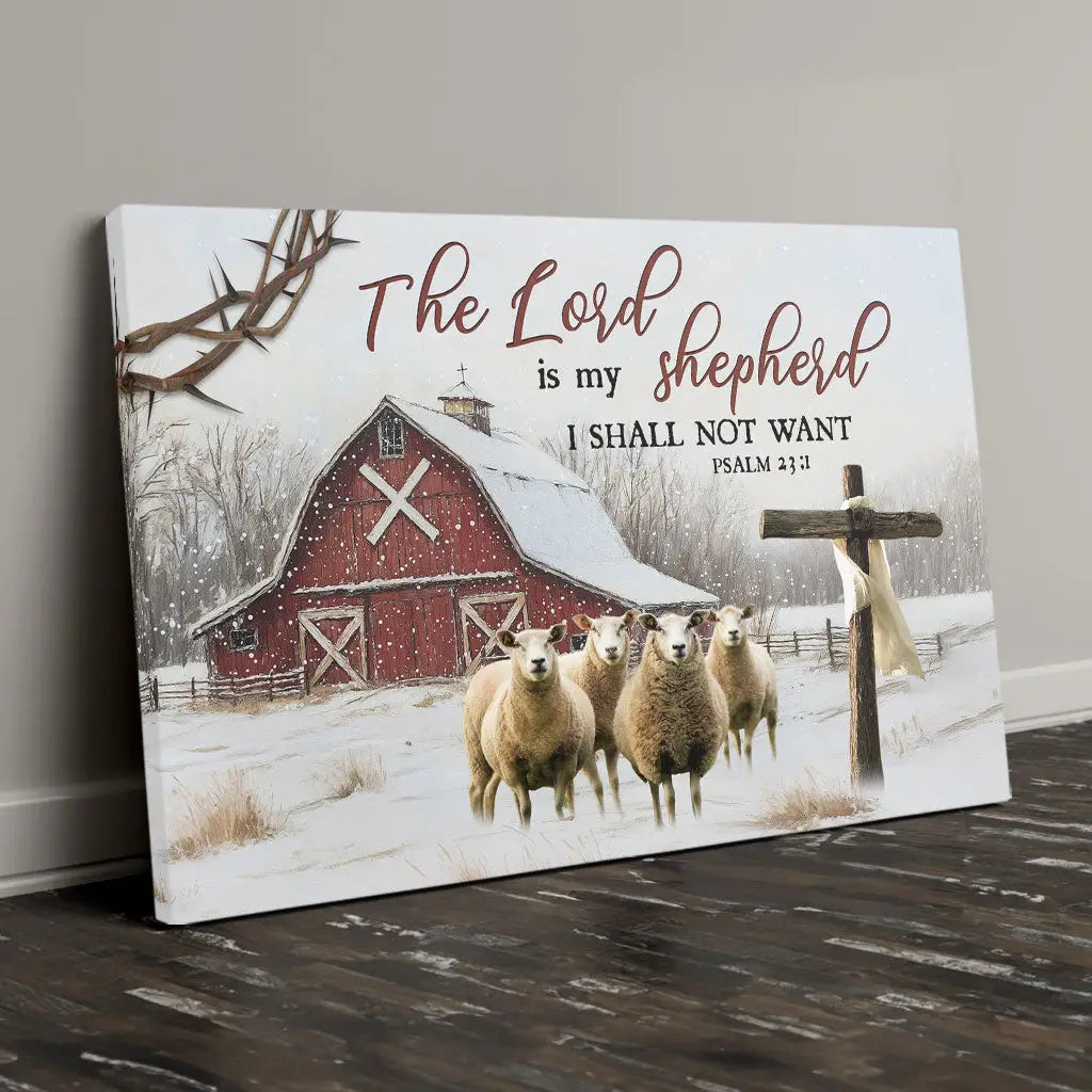 Inspirational Christian canvas: &quot;The Lord is My Shepherd&quot; Psalm 23:1, rustic red barn with sheep for Christmas decor.