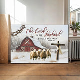 Christmas wall art canvas: "The Lord is My Shepherd" Psalm 23:1, featuring a rustic red barn and sheep. Christian decor.