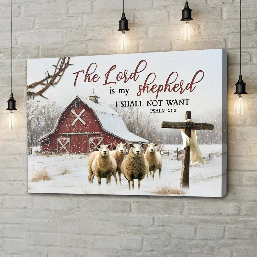 Christian wall art canvas: "The Lord is My Shepherd" Psalm 23:1, featuring a rustic red barn with sheep. Warm Christmas decor.
