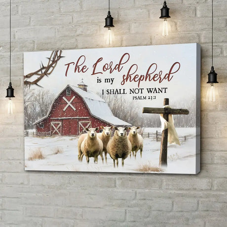 Christian wall art canvas: "The Lord is My Shepherd" Psalm 23:1, featuring a rustic red barn with sheep. Warm Christmas decor.