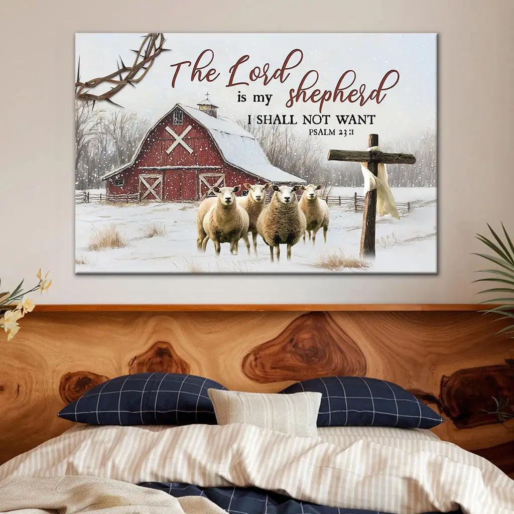 Rustic red barn and sheep design with Psalm 23:1: &quot;The Lord is My Shepherd.&quot; Warm Christian Christmas wall art.