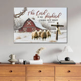 Faith-based Christmas wall art with "The Lord is My Shepherd" Psalm 23:1, rustic red barn, and sheep design.