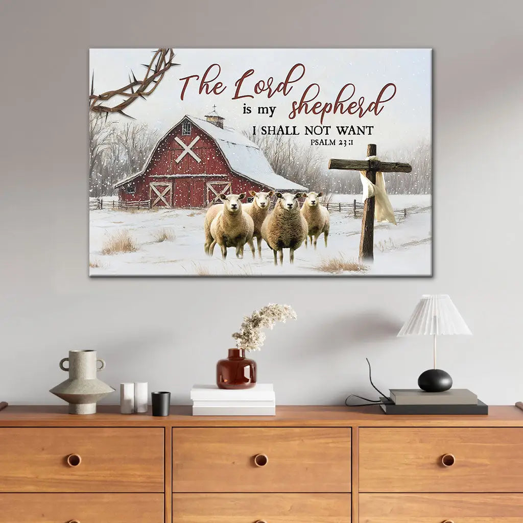 Faith-based Christmas wall art with &quot;The Lord is My Shepherd&quot; Psalm 23:1, rustic red barn, and sheep design.