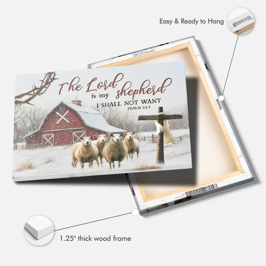 The Lord is My Shepherd Psalm 23:1 Red Barn With Sheep Christmas Wall Art Canvas