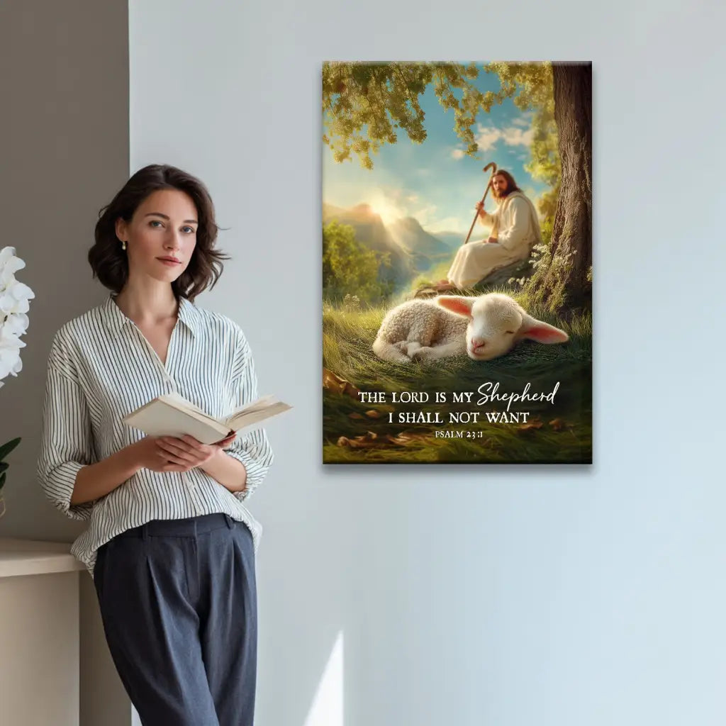 Christian wall art depicting Jesus the Good Shepherd caring for His lambs.