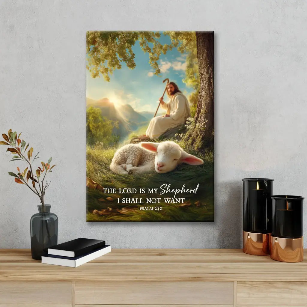 The Lord Is My Shepherd Psalm 23:1 wall art canvas featuring Jesus holding a lamb.