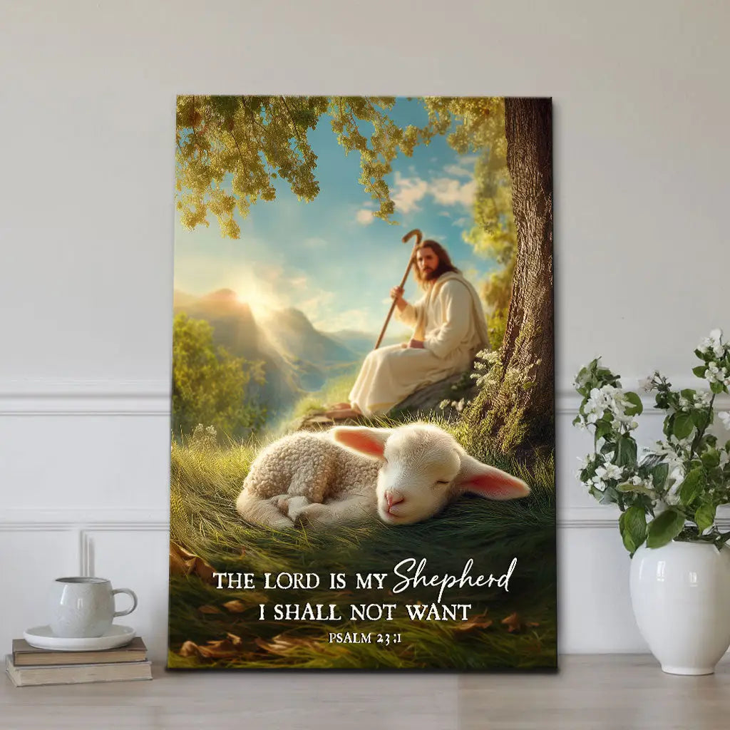 The Lord is My Shepherd Psalm 23:1 White Barn and Sheep Wall Art Canvas