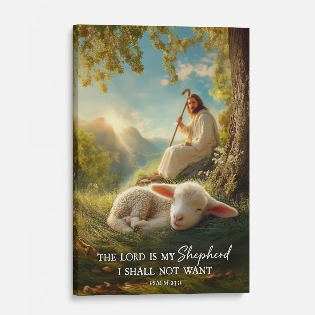 Faith-based wall decor with Jesus and lamb, symbolizing peace and divine guidance.