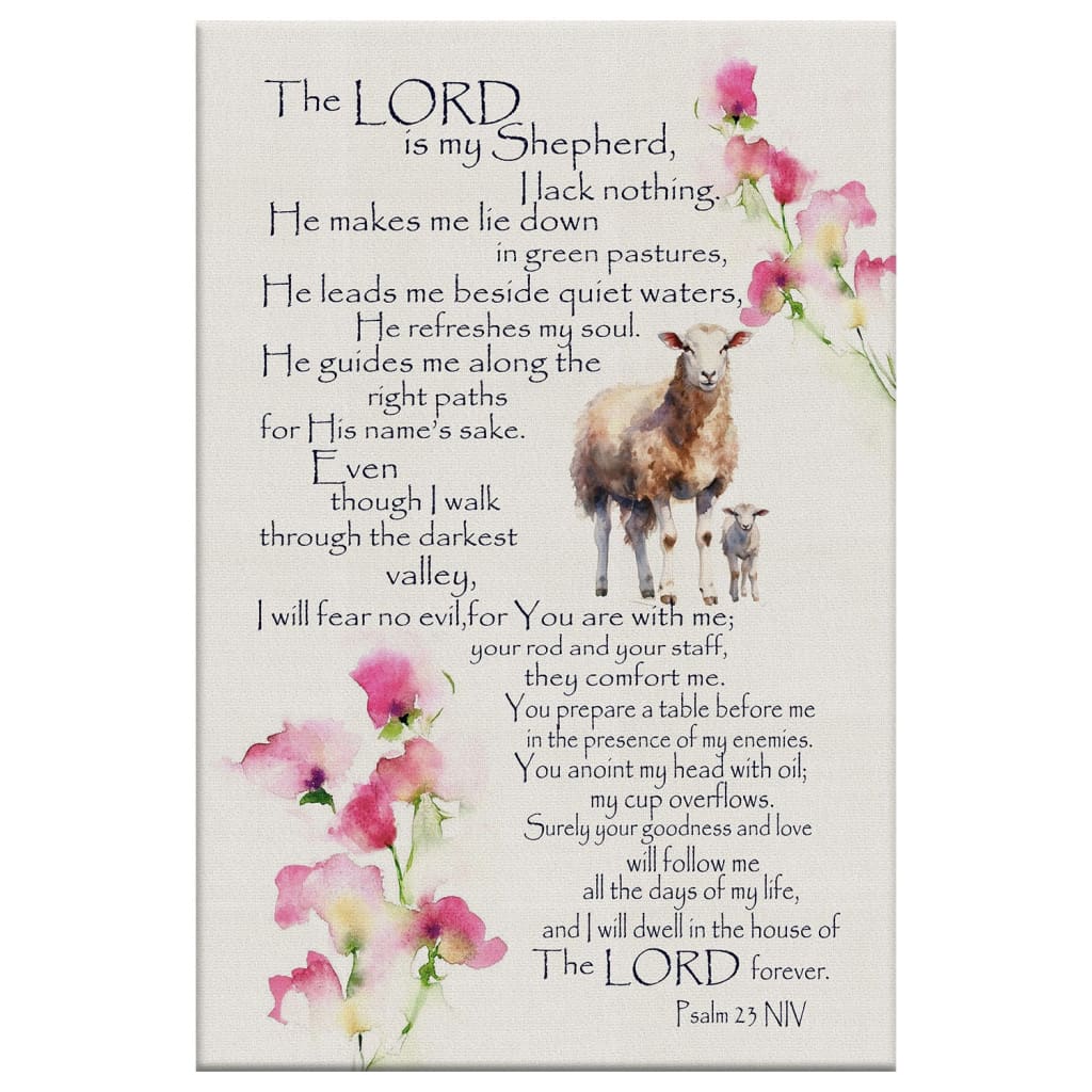 Bible verse wall art with Psalm 23, "The Lord is My Shepherd," available in KJV, NIV, and ESV, ideal for Christian decor.