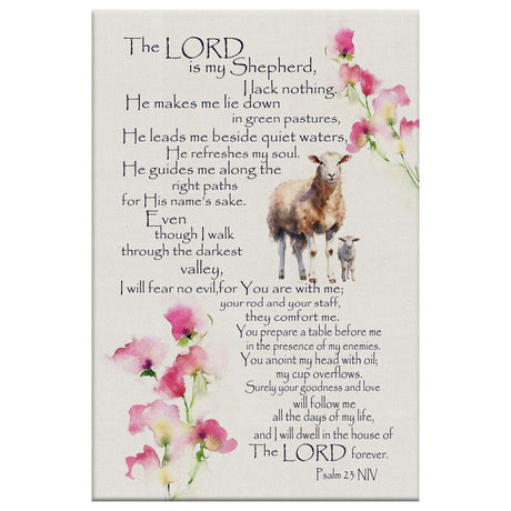 Bible verse wall art with Psalm 23, "The Lord is My Shepherd," available in KJV, NIV, and ESV, ideal for Christian decor.