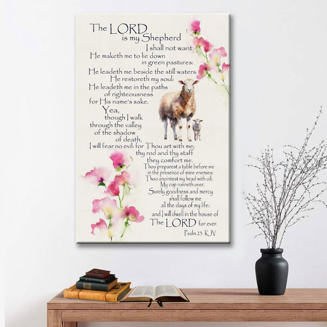 Christian wall art featuring "The Lord is My Shepherd" from Psalm 23 KJV, perfect faith-based home decor.