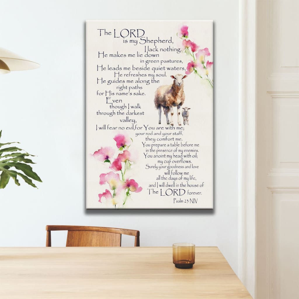 Inspirational wall art with Psalm 23 NIV, "The Lord is My Shepherd," ideal Christian gift for scripture-inspired homes.