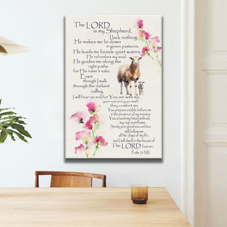 Inspirational wall art with Psalm 23 NIV, "The Lord is My Shepherd," ideal Christian gift for scripture-inspired homes.