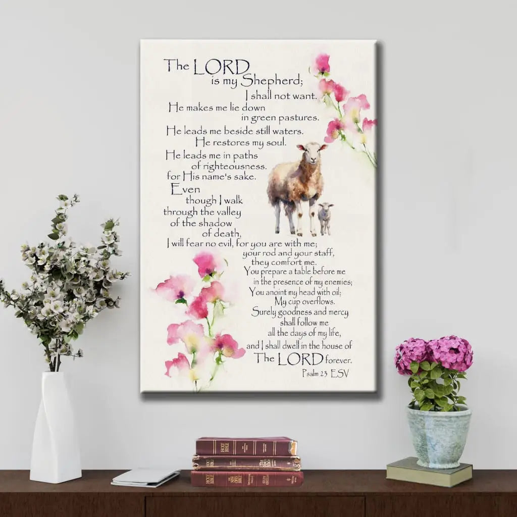 Faith-based canvas print with Psalm 23 ESV, &quot;The Lord is My Shepherd,&quot; great religious gift for believers.