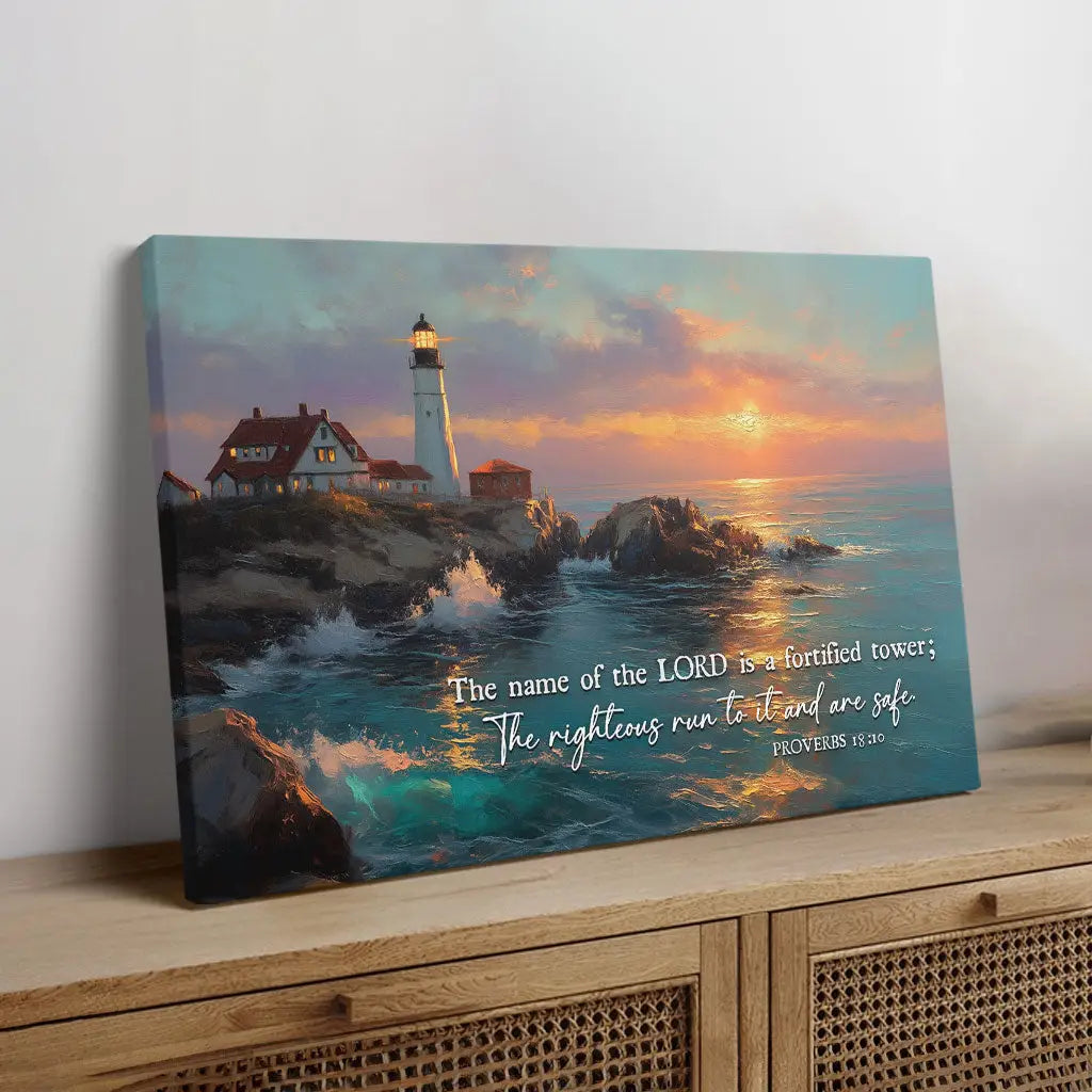 The Name of the Lord is a Tower canvas, inspirational Christian décor for home or prayer space.