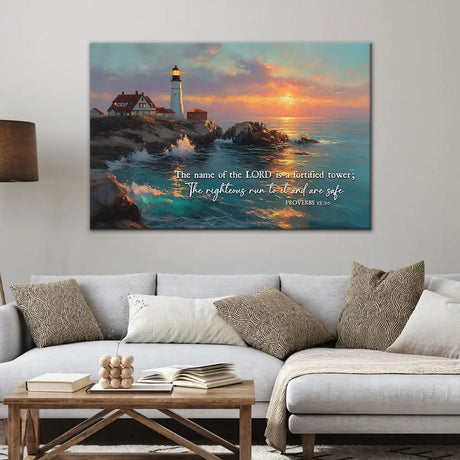 Christian wall art with Proverbs 18:10, faith-based canvas about God’s protection and spiritual strength.