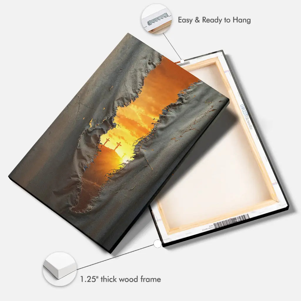 Christian wall art canvas of Jesus crucifixion with torn veil, ideal faith-based home decor.