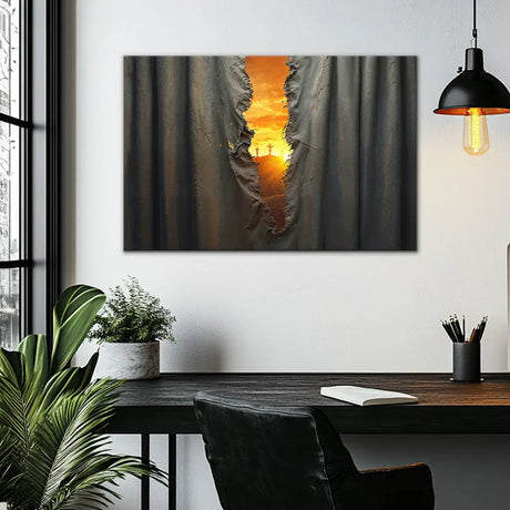 Christian wall art depicting Jesus' crucifixion and the torn veil, perfect faith-based home decor.