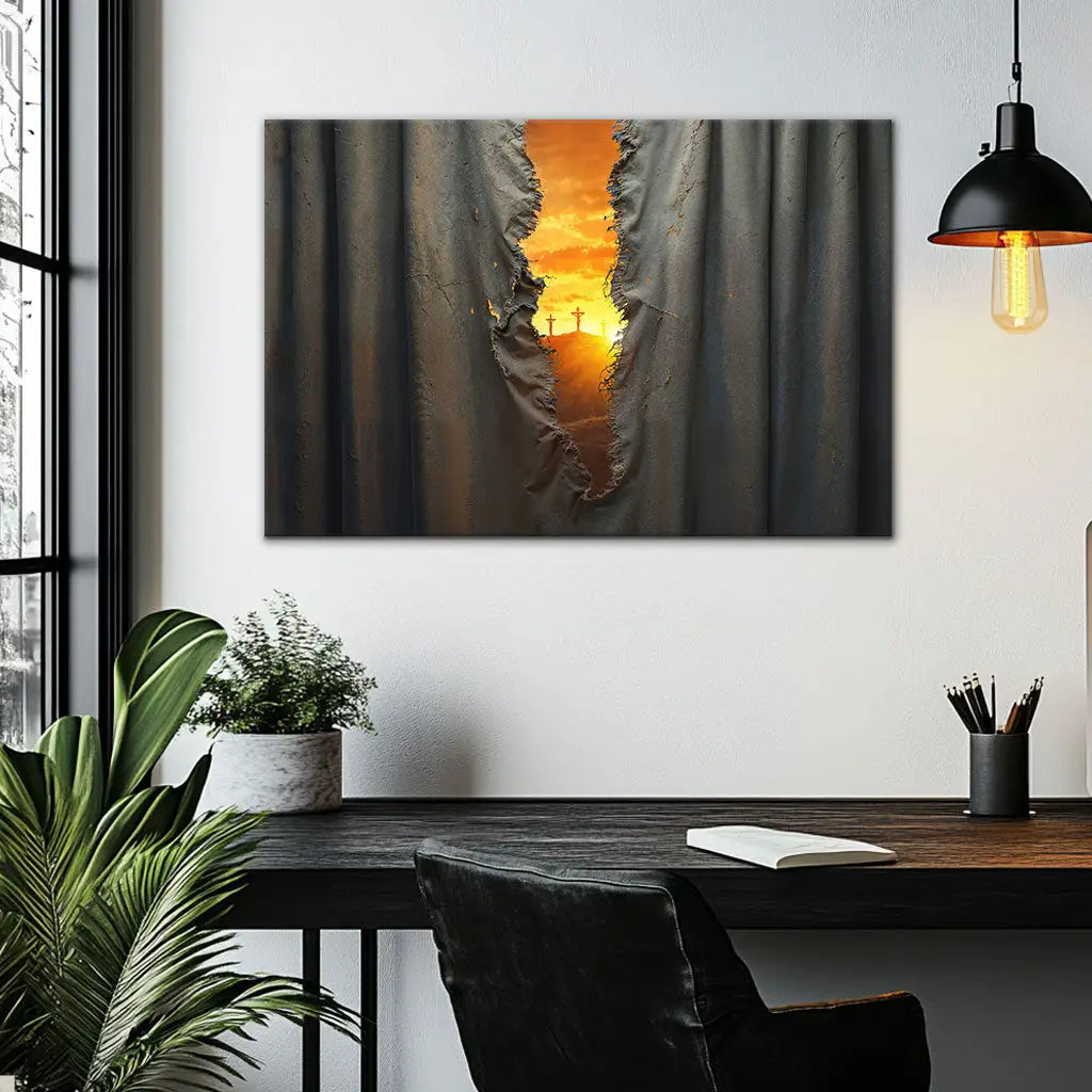 Christian wall art depicting Jesus&#39; crucifixion and the torn veil, perfect faith-based home decor.