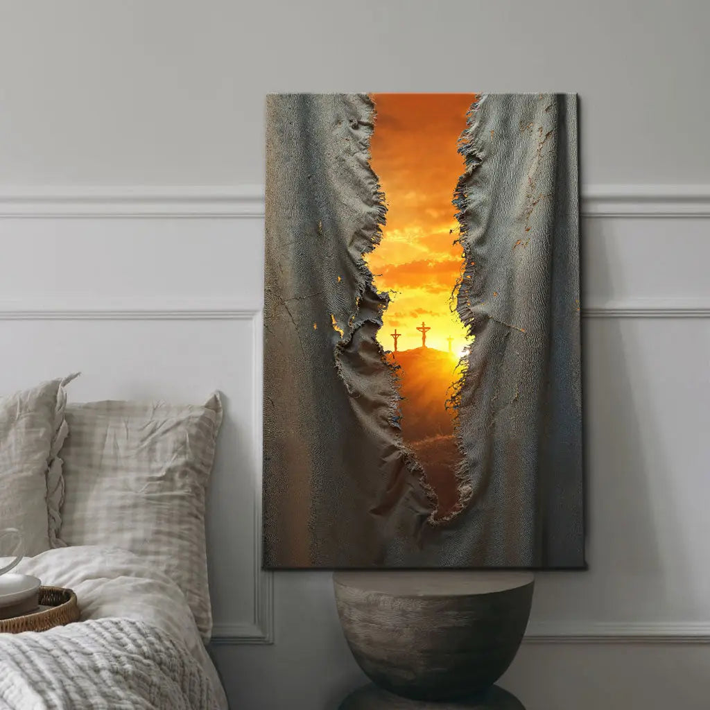 Jesus’ crucifixion wall art with torn veil, faith-filled portrait for Christian home decor.