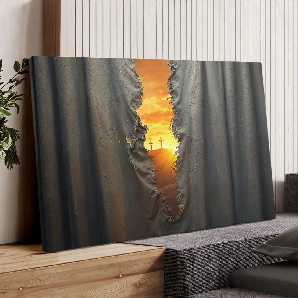 "The Veil Was Torn" Jesus crucifixion art on canvas, Bible-inspired Christian wall decor.