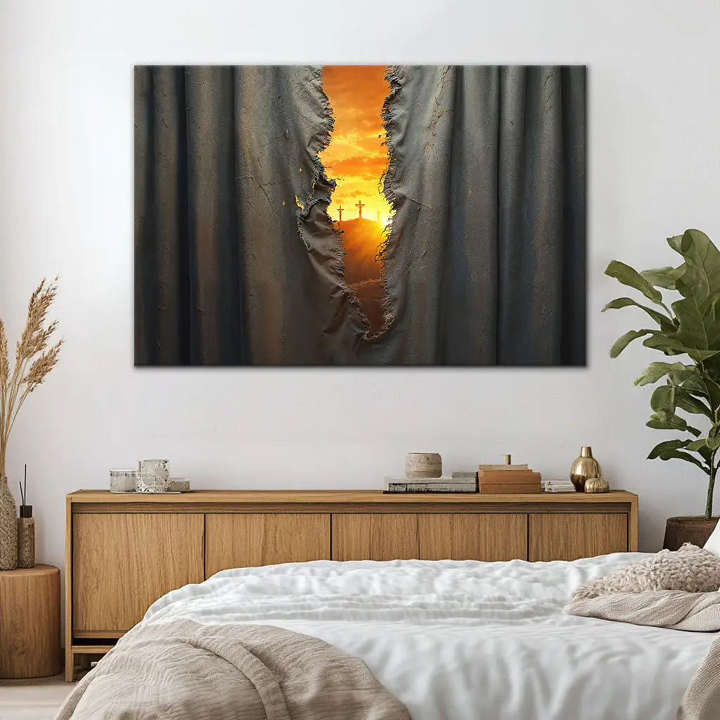 Torn veil at Jesus&#39; crucifixion canvas, meaningful Christian Bible art for home or church.