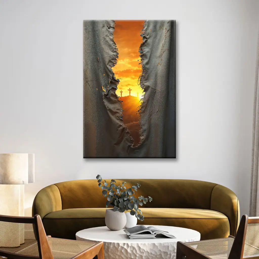 Christian wall art featuring the torn veil at Jesus&#39; crucifixion, perfect Bible-inspired decor.
