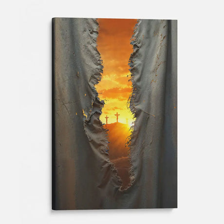 Portrait-sized canvas showing the torn veil at Jesus' crucifixion, inspirational Christian decor.
