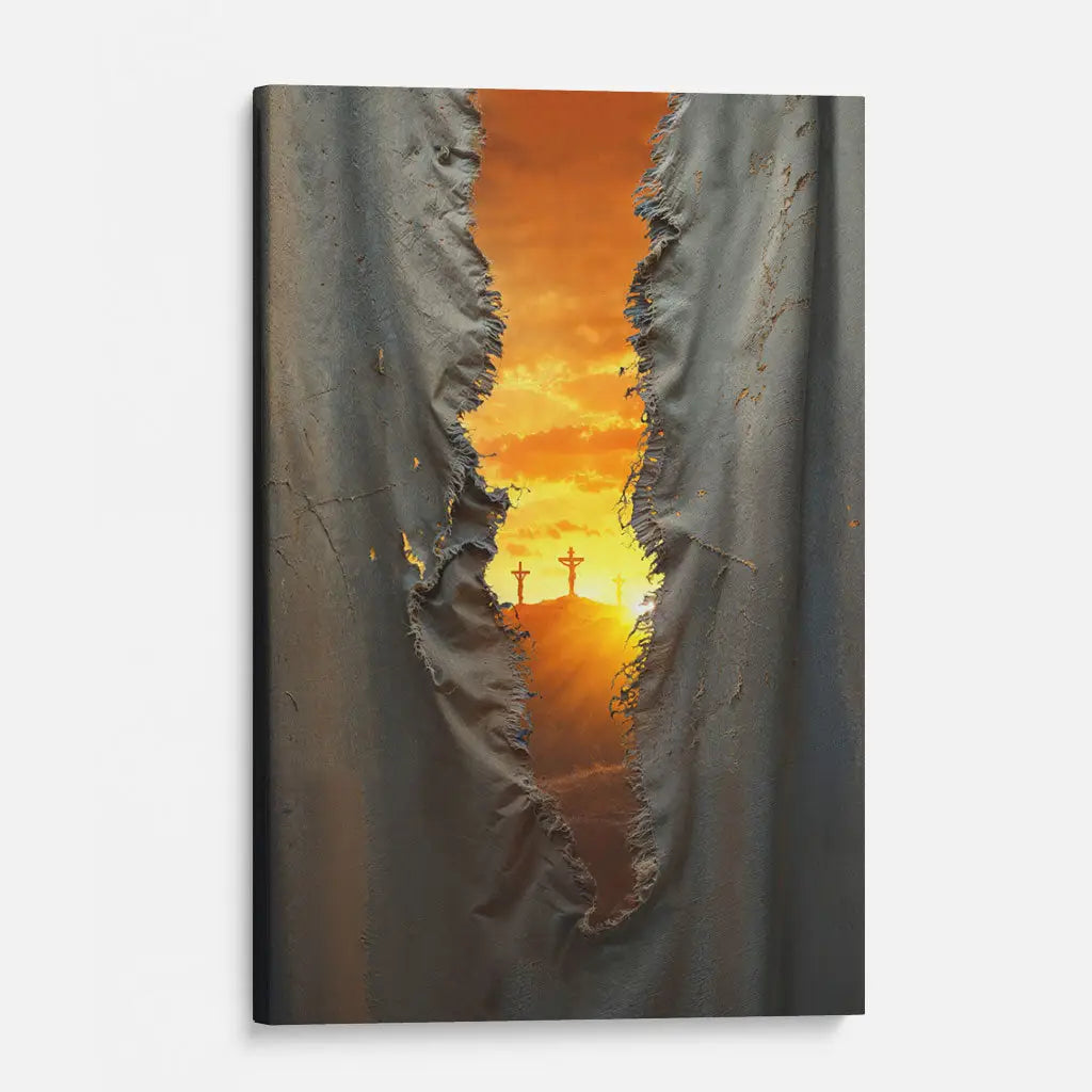 Portrait-sized canvas showing the torn veil at Jesus&#39; crucifixion, inspirational Christian decor.