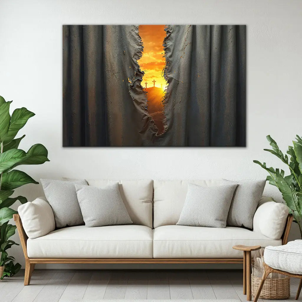 Jesus crucifixion wall art with the torn veil, representing God’s love, perfect for Christian decor.