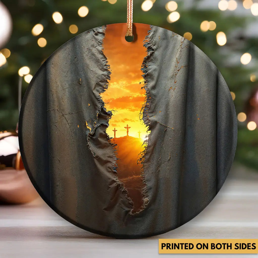 Inspirational religious ornament celebrating Jesus’ crucifixion and God’s everlasting invitation to His children.