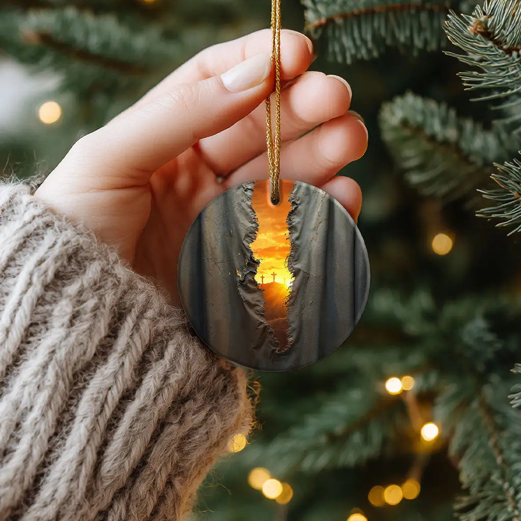Faith-inspired Christmas ornament with three crosses and the torn temple veil, representing salvation through Christ.