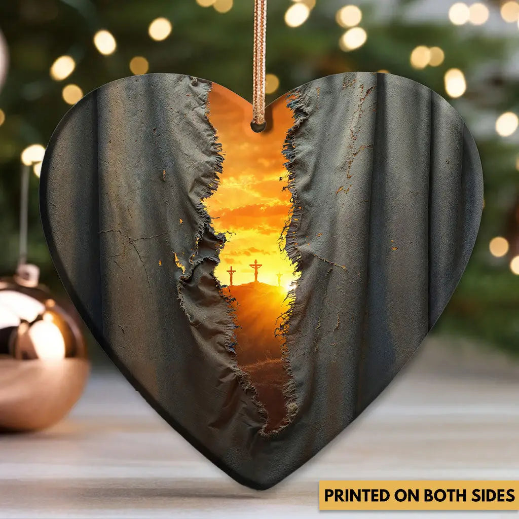 Spiritual home or Christmas tree ornament illustrating the torn veil and Christ’s victory over sin.