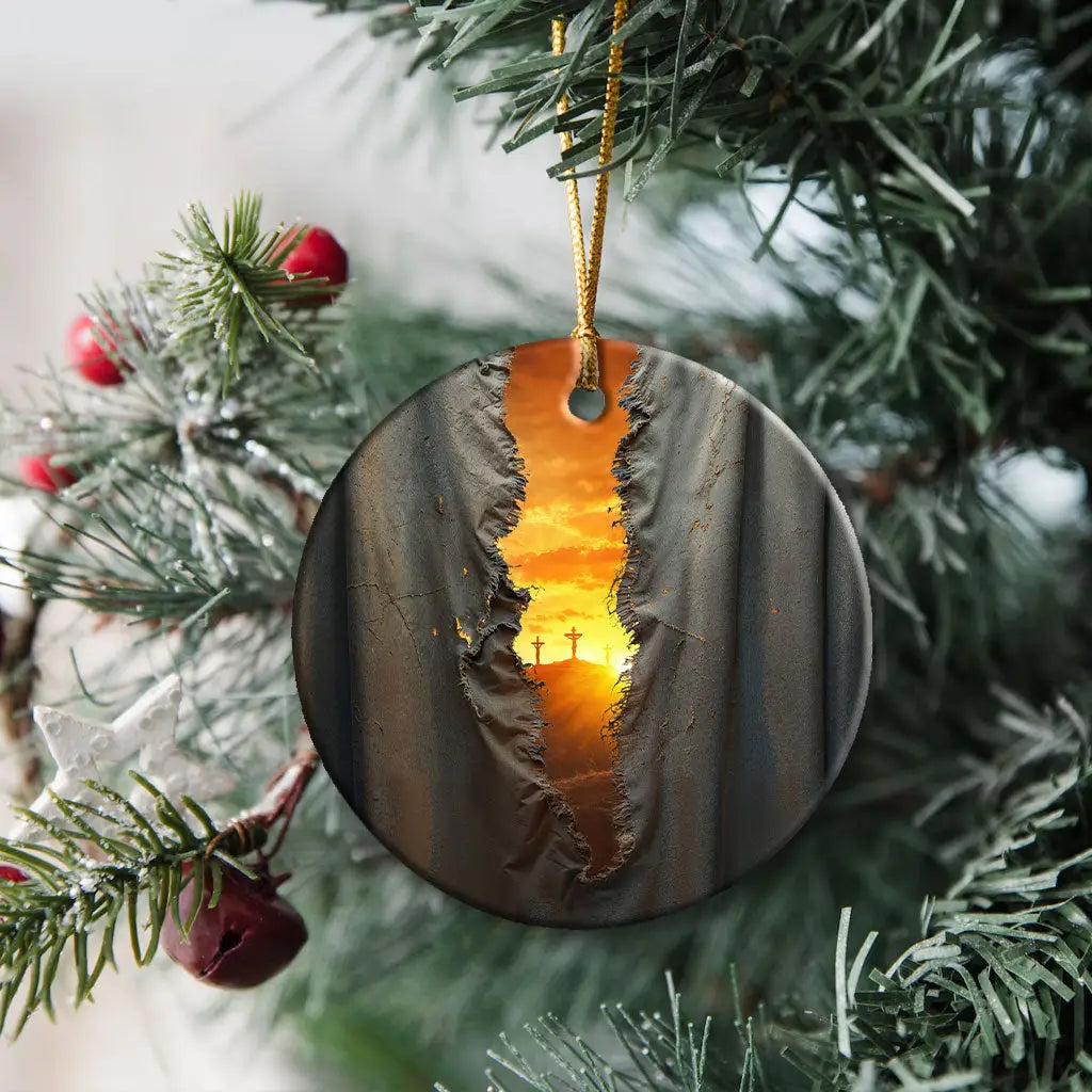 Beautiful Christian ornament reminding believers that the veil was torn—God’s love is open to all.