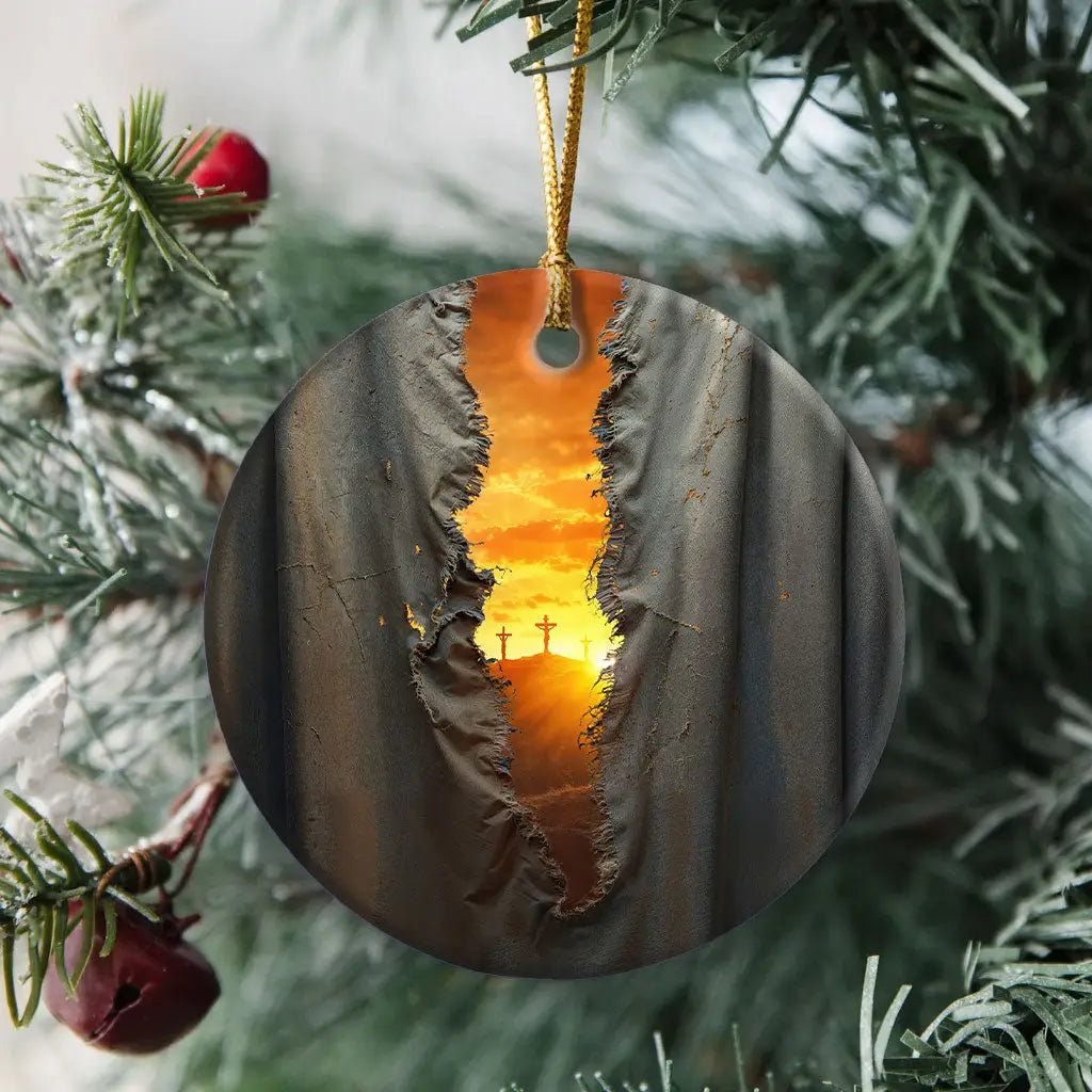 Christian ornament showing the torn veil at Jesus’ crucifixion, symbolizing redemption and access to God.