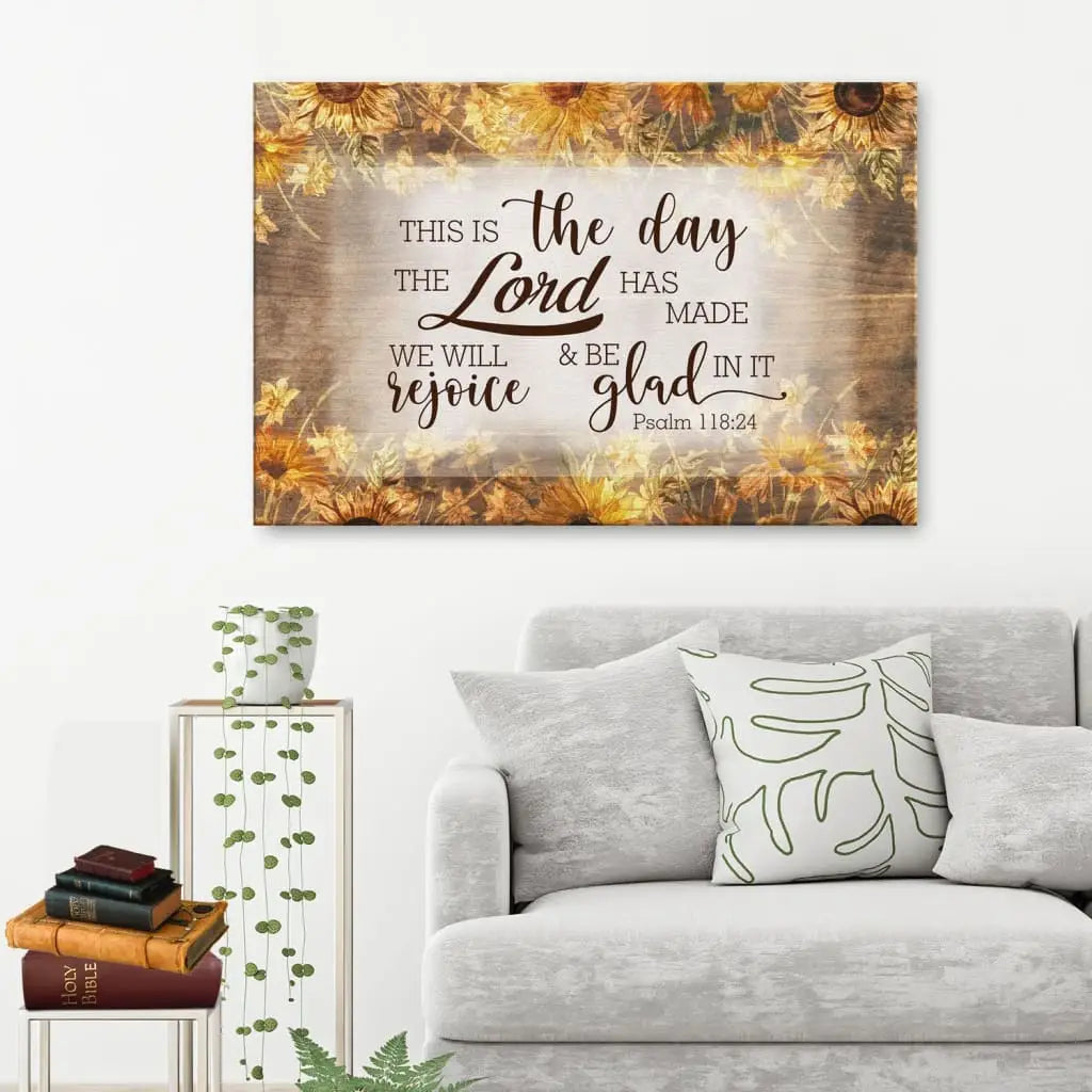 Christian wall art featuring Psalm 118:24, "This Is The Day The Lord Has Made," perfect Thanksgiving faith-based home decor.