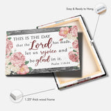 Beautiful Psalm 118:24 Christian canvas, "This is the day the Lord has made," floral border and grey wood, meaningful gift.