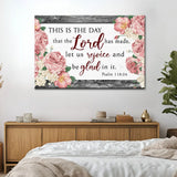 Psalm 118:24 wall art, "This is the day the Lord has made," grey wood and flowers design, faith-based home decor.
