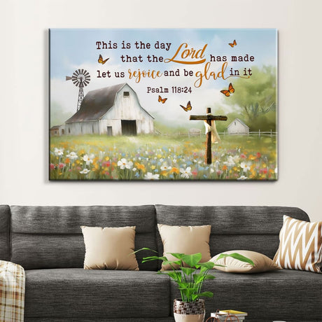 Inspirational canvas print with "This is the Day That the Lord Has Made," old barn, and cross, ideal Christian canvas wall art for homes.