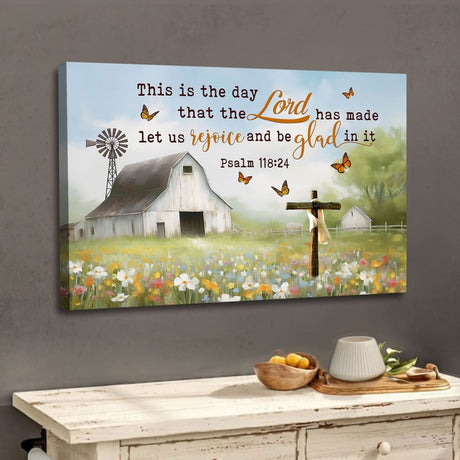 Christian canvas wall art featuring "This is the Day That the Lord Has Made" with an old barn and cross, perfect faith home decor.