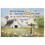 Bible verse wall art displaying "This is the Day That the Lord Has Made" with a cross and old barn, great religious decor for Christian homes.