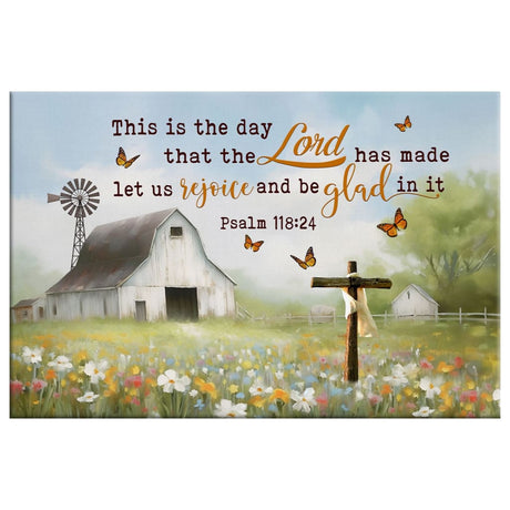 Bible verse wall art displaying "This is the Day That the Lord Has Made" with a cross and old barn, great religious decor for Christian homes.