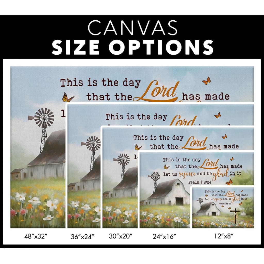 Religious canvas wall art featuring &quot;This is the Day That the Lord Has Made,&quot; old barn, and cross, perfect for faith-filled home decor.