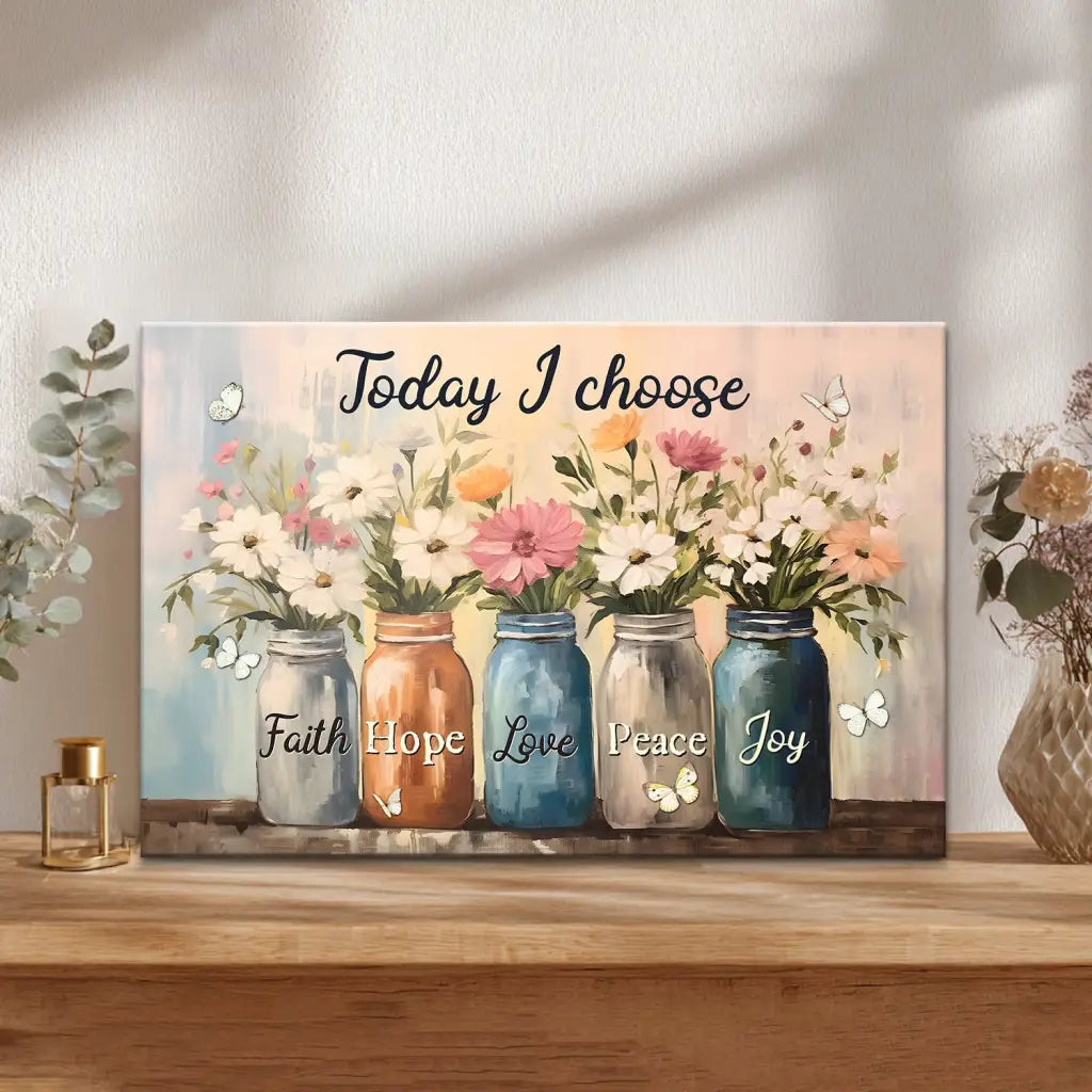 Today I Choose Faith Hope Love Peace Joy Mason Jar Flowers Wall Art Canvas