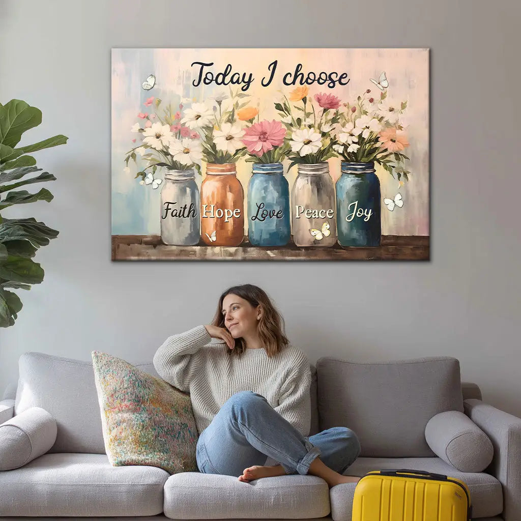Today I Choose Faith Hope Love Peace Joy Mason Jar Flowers Wall Art Canvas